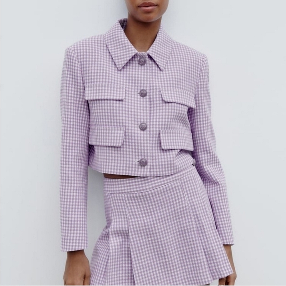 NEW ZARA Cropped Tweed Jacket L Lilac Lavender Pastel Vichy Gingham 2450/105